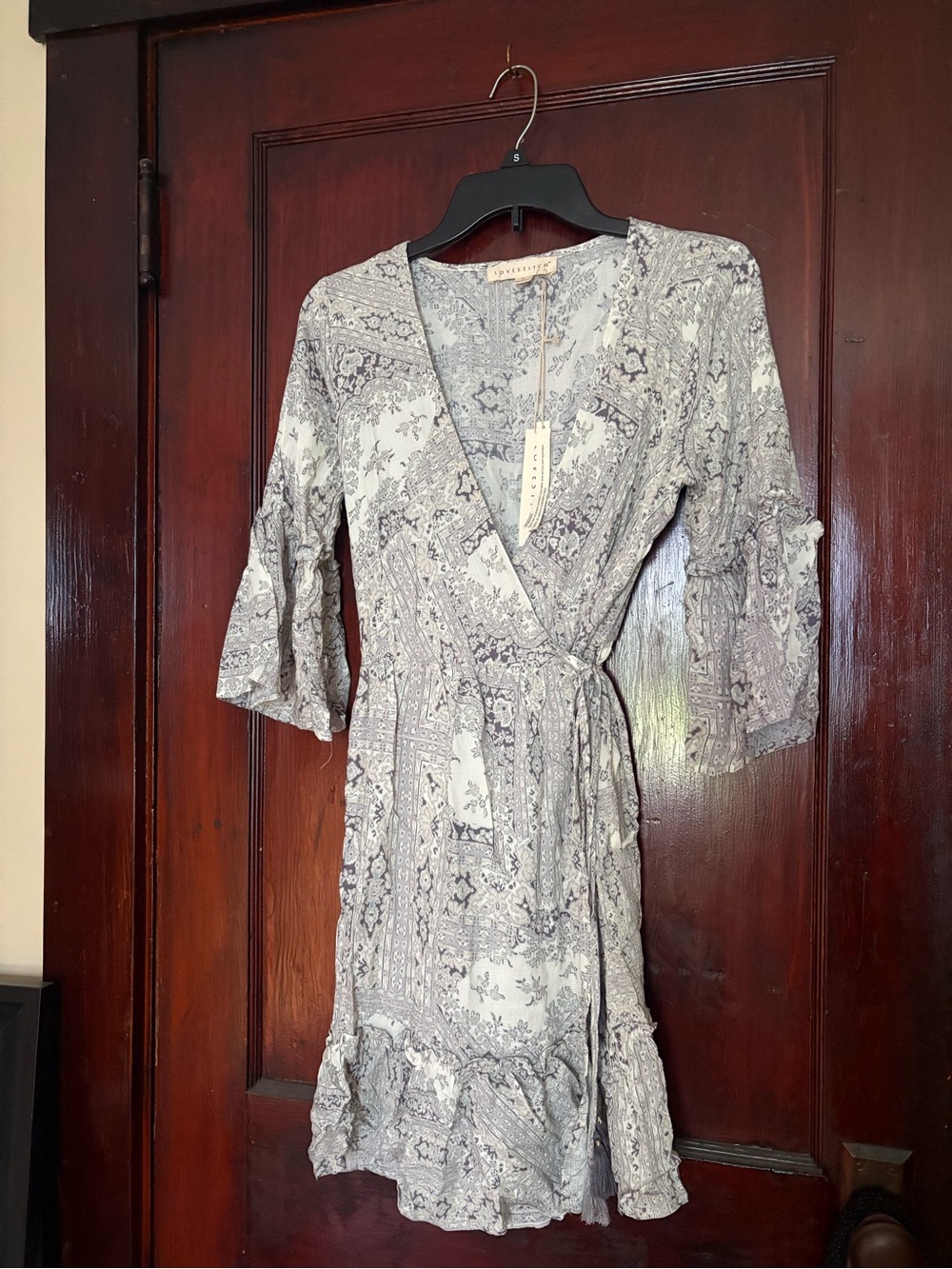Love Stitch Cream and Gray Printed Wrap Mini Dress